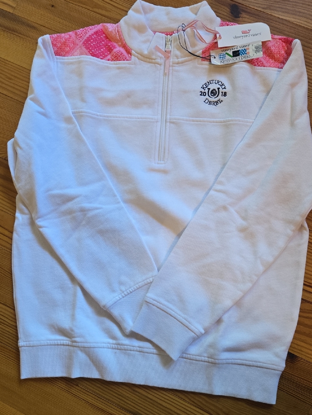 Vineyard Vines White Quarter-Zip Pullover with Pink Shoulder Panels
